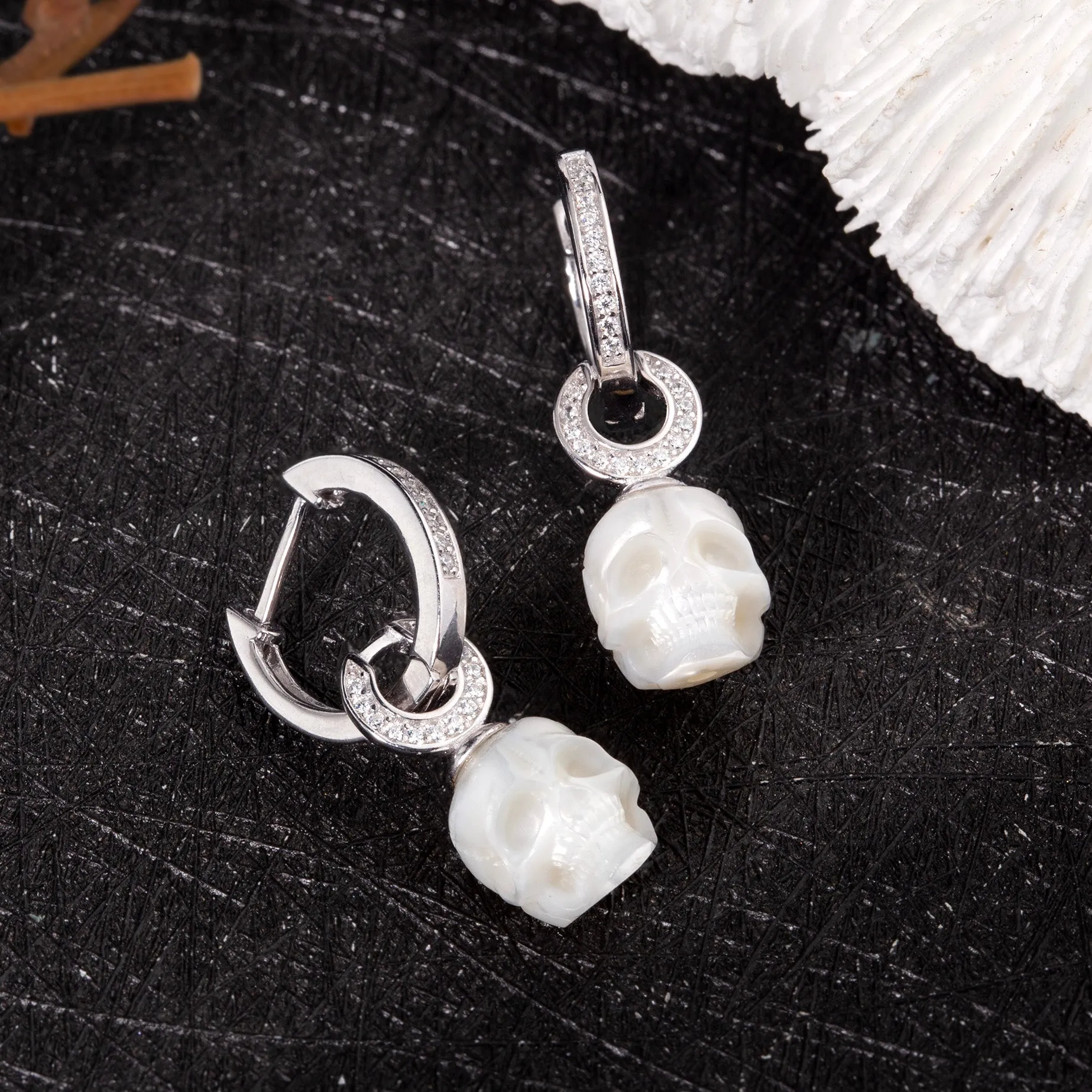 Silver Hoop U-Shaped Zircon Skull Pendant Earrings sold by Belle Juri product image thumbnail 3