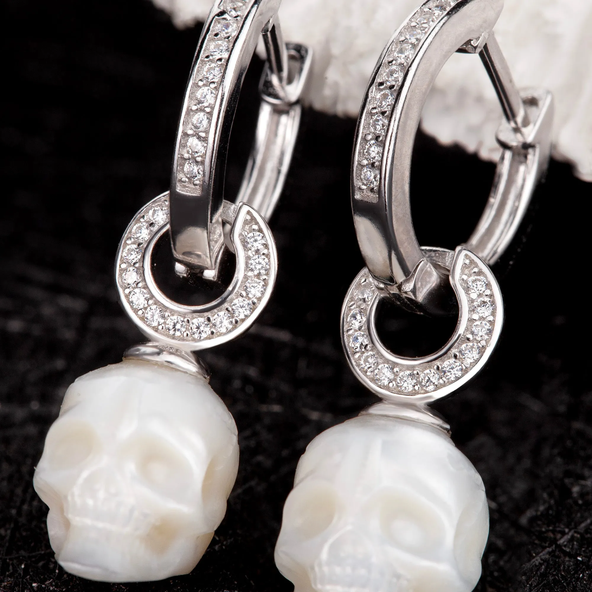 Silver Hoop U-Shaped Zircon Skull Pendant Earrings sold by Belle Juri product image thumbnail 4