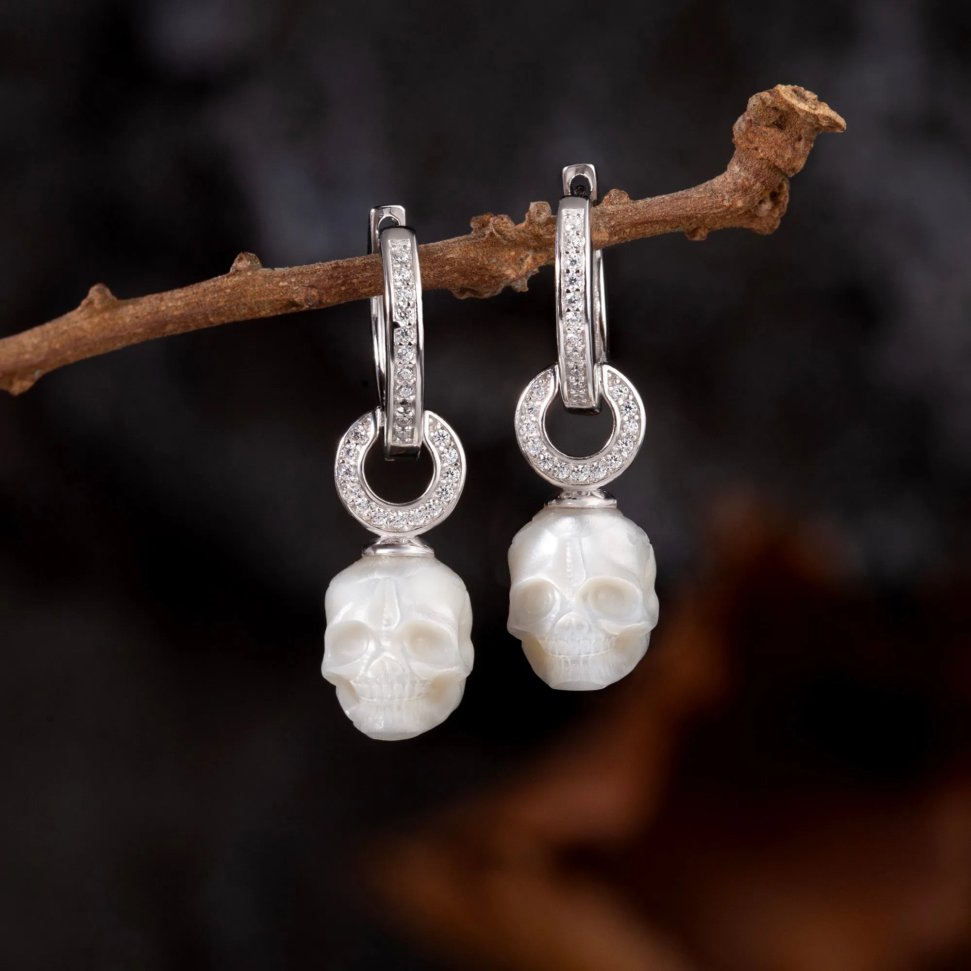 Silver Hoop U-Shaped Zircon Skull Pendant Earrings sold by Belle Juri