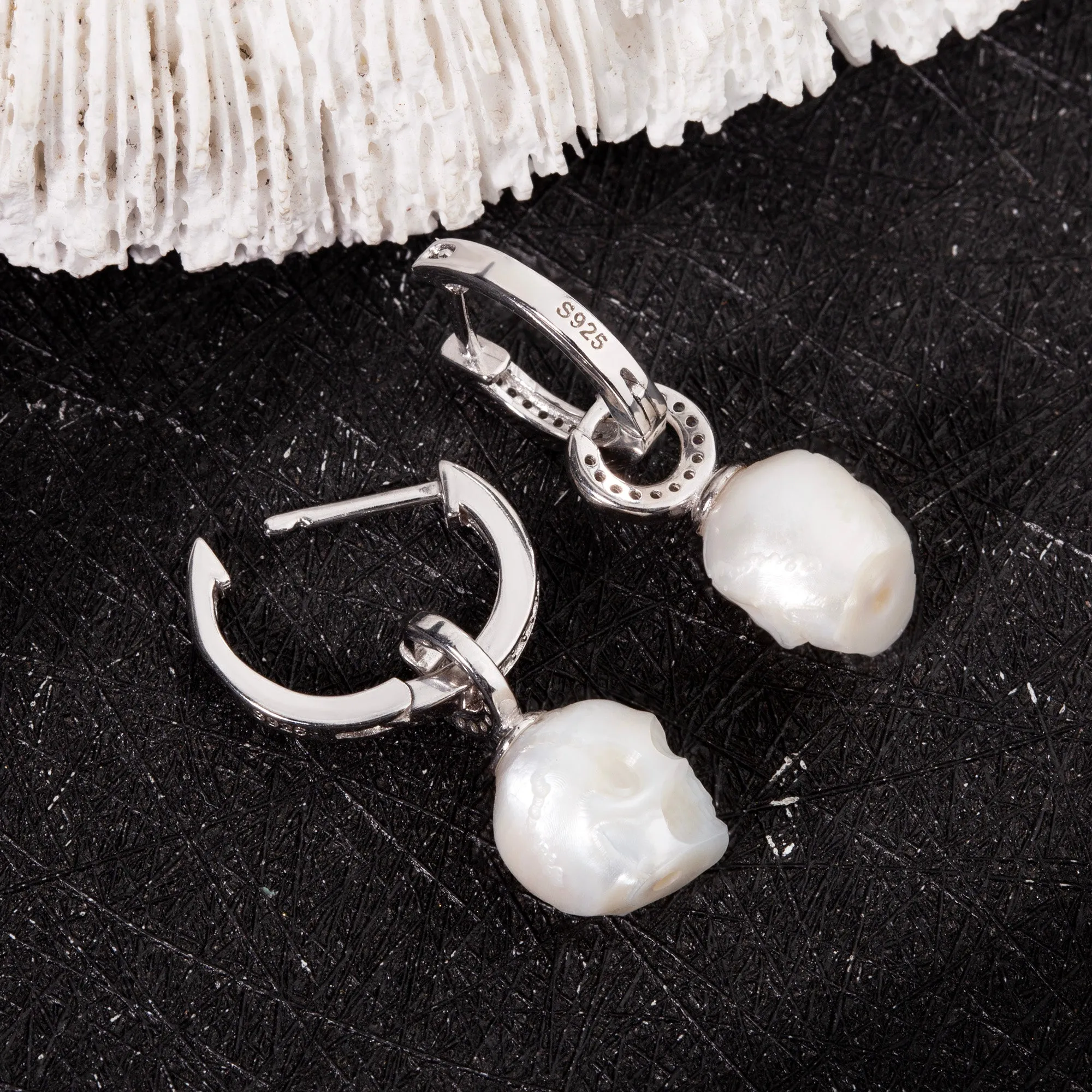 Silver Hoop U-Shaped Zircon Skull Pendant Earrings sold by Belle Juri product image thumbnail 2