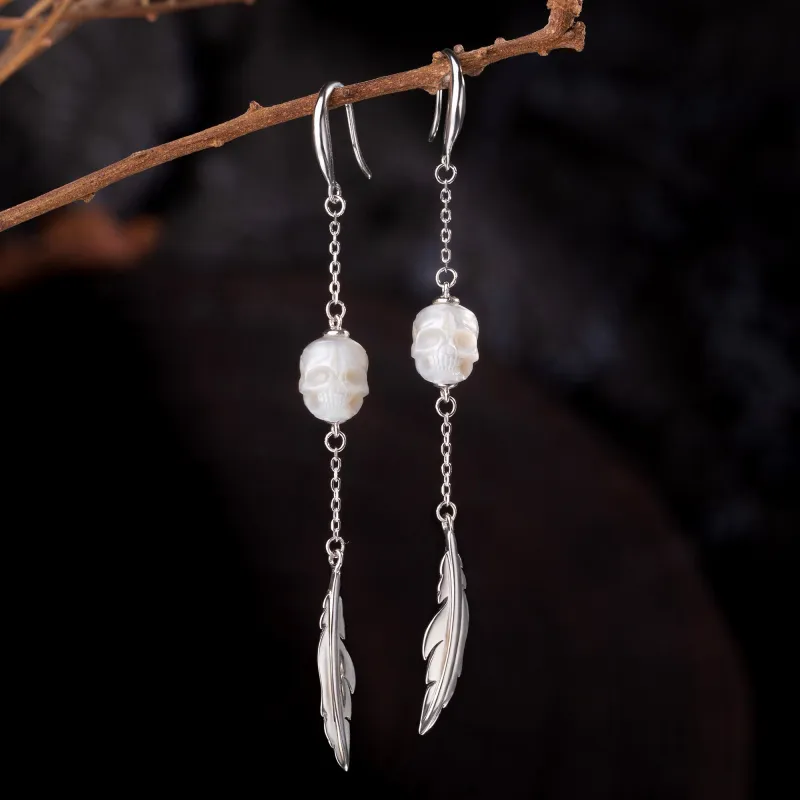 Pearl Skull Long Tassel Feather Earrings sold by Belle Juri