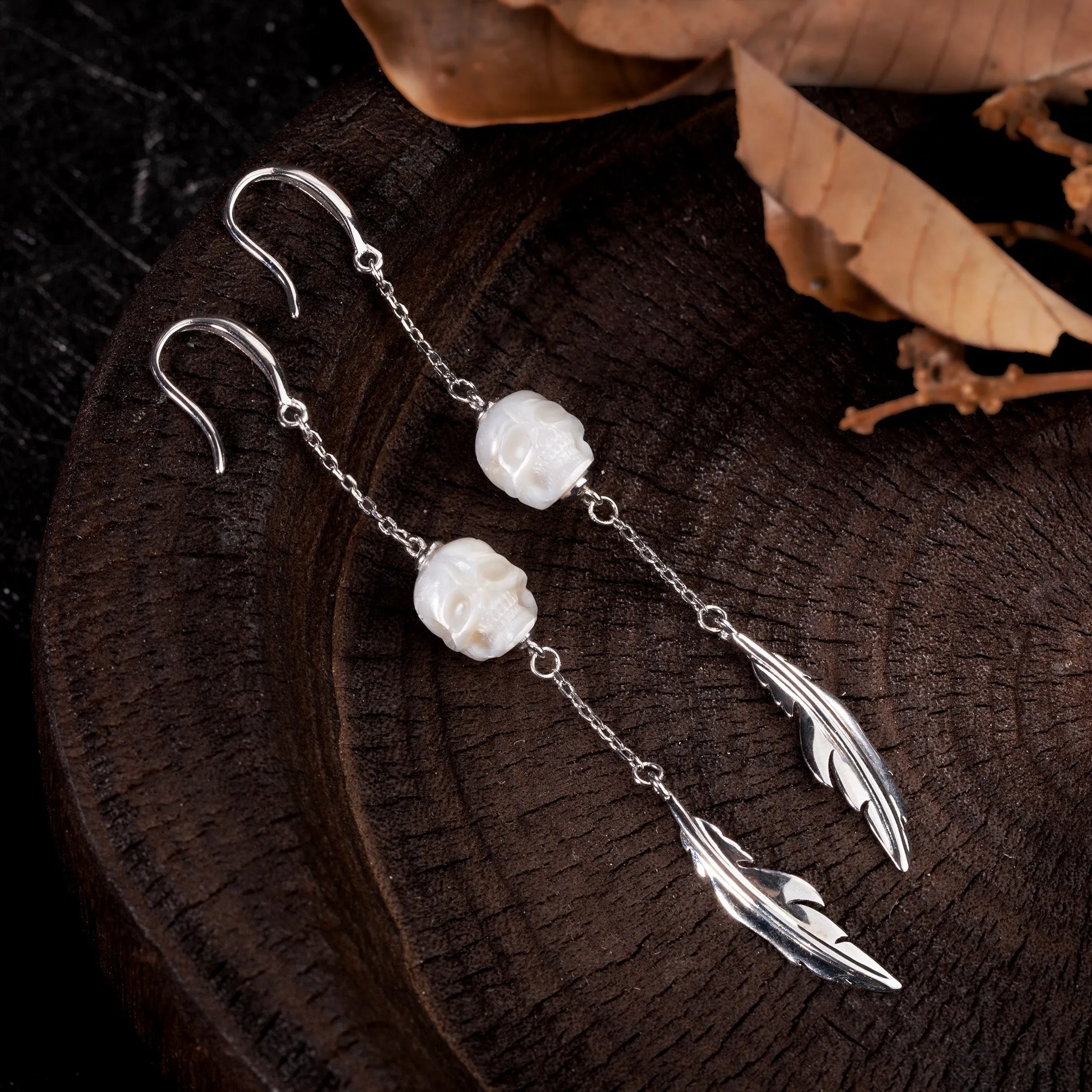 Pearl Skull Long Tassel Feather Earrings sold by Belle Juri product image thumbnail 2