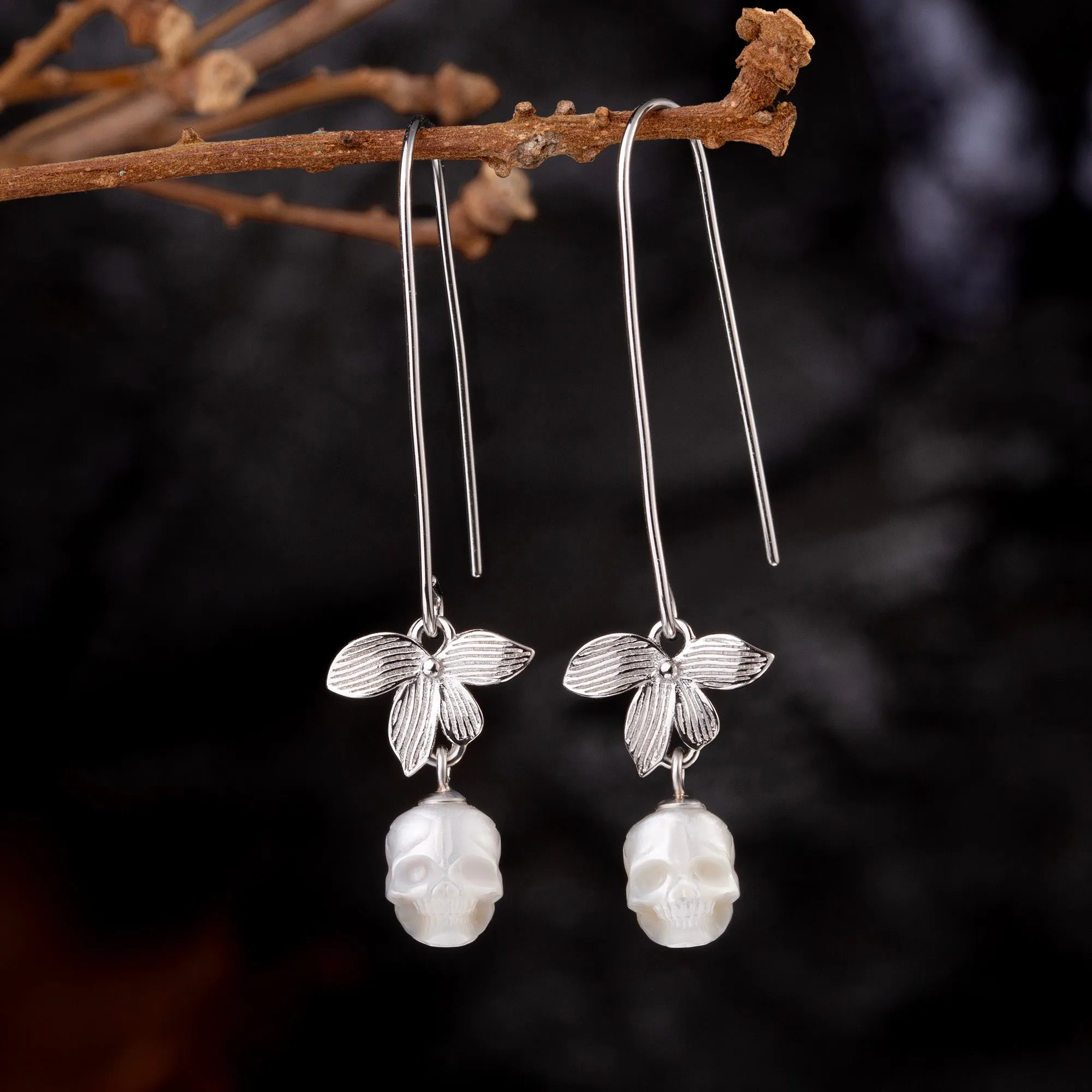 Silver Flower Pearl Drop Earring sold by Belle Juri