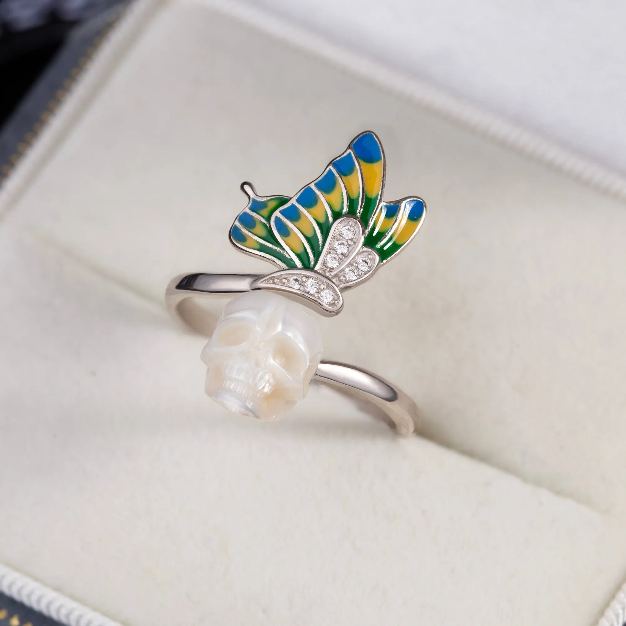 Enamel Colored Butterfly Wing Pearl Skull Ring sold by Belle Juri product image thumbnail 3