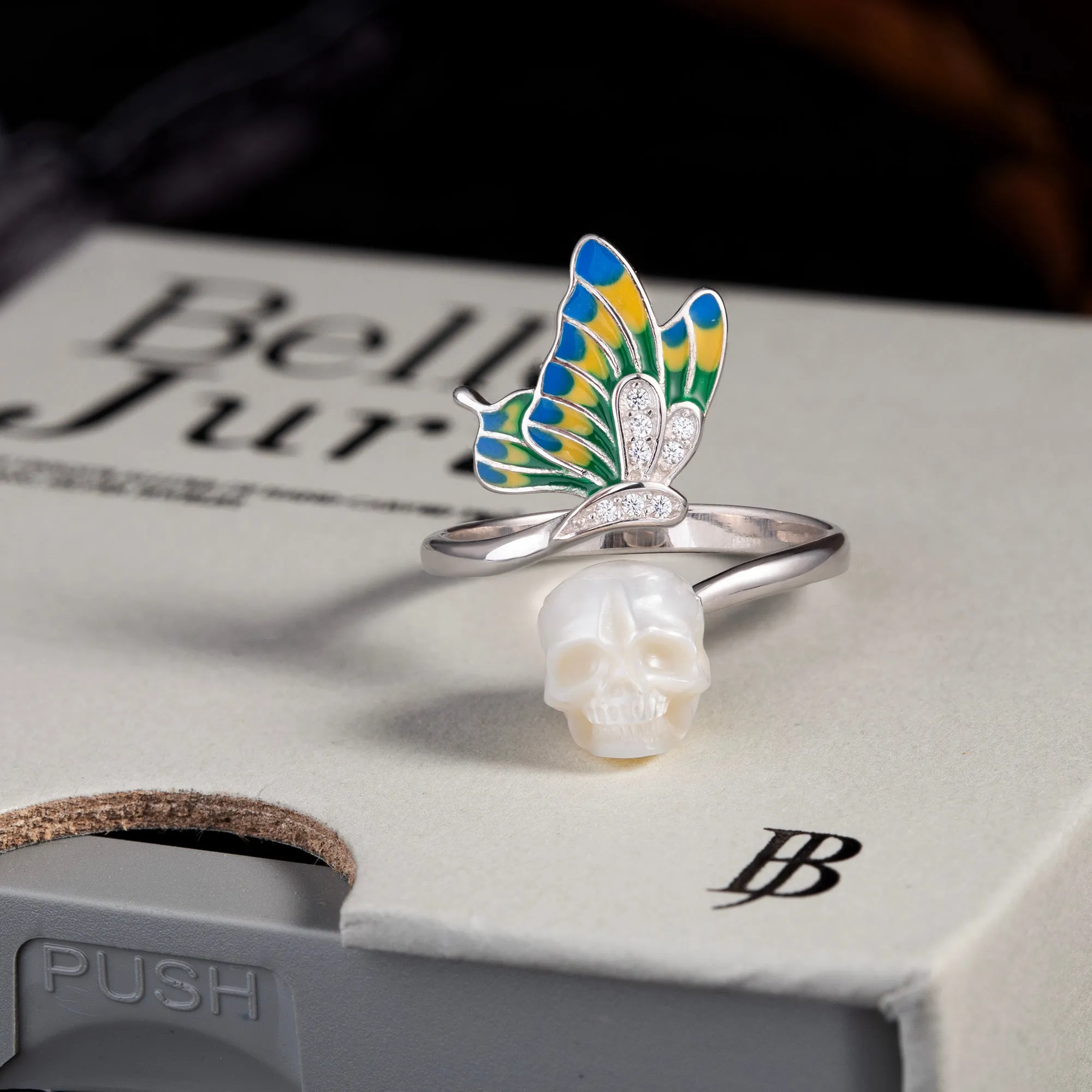 Enamel Colored Butterfly Wing Pearl Skull Ring sold by Belle Juri product image thumbnail 5