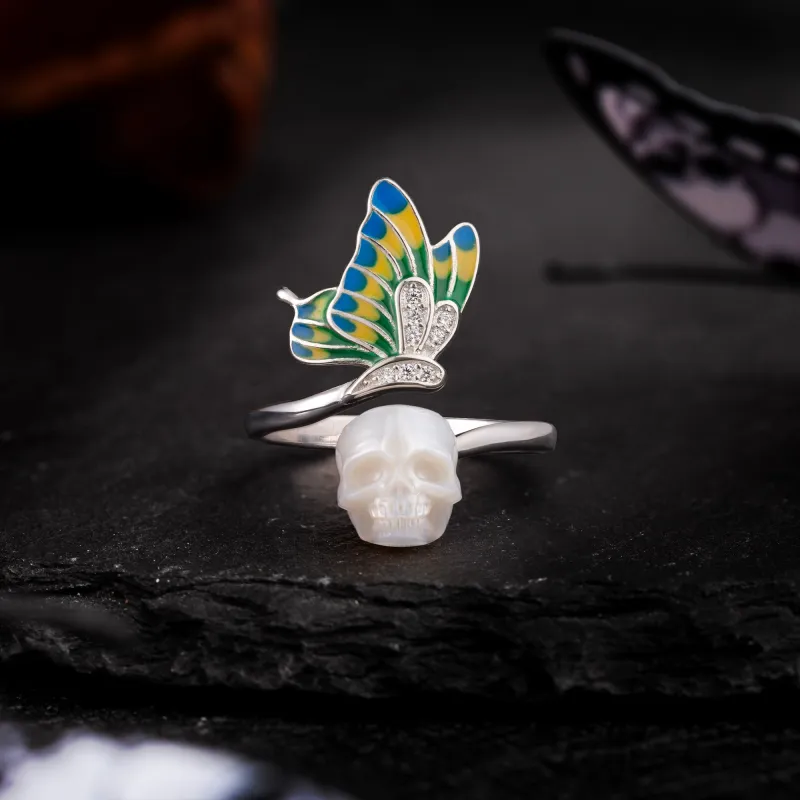 Enamel Colored Butterfly Wing Pearl Skull Ring sold by Belle Juri