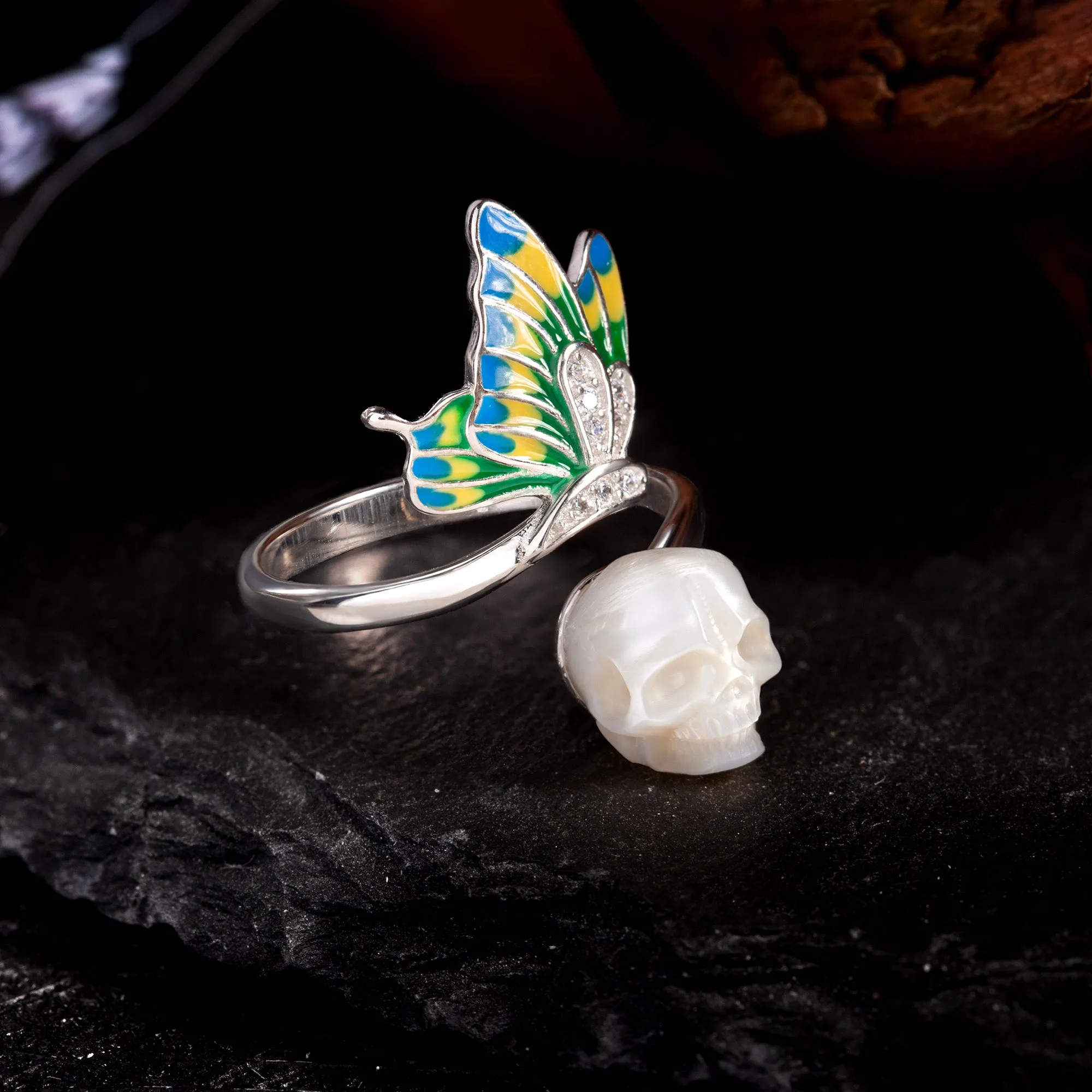 Enamel Colored Butterfly Wing Pearl Skull Ring sold by Belle Juri product image thumbnail 2