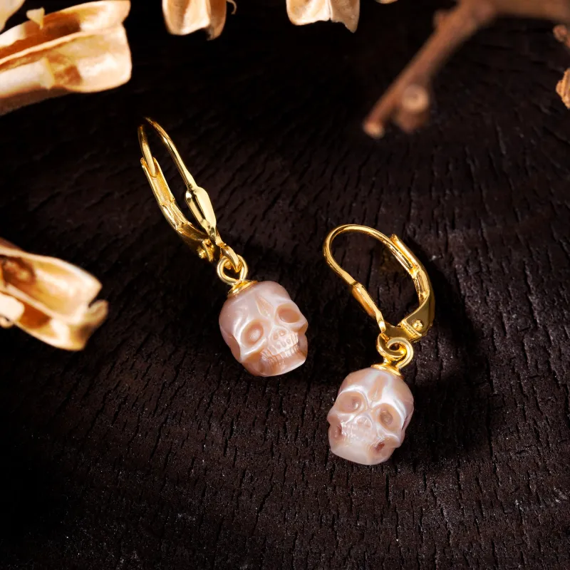 Classic Oval Ear Hook Pearl Skull Earrings sold by Belle Juri