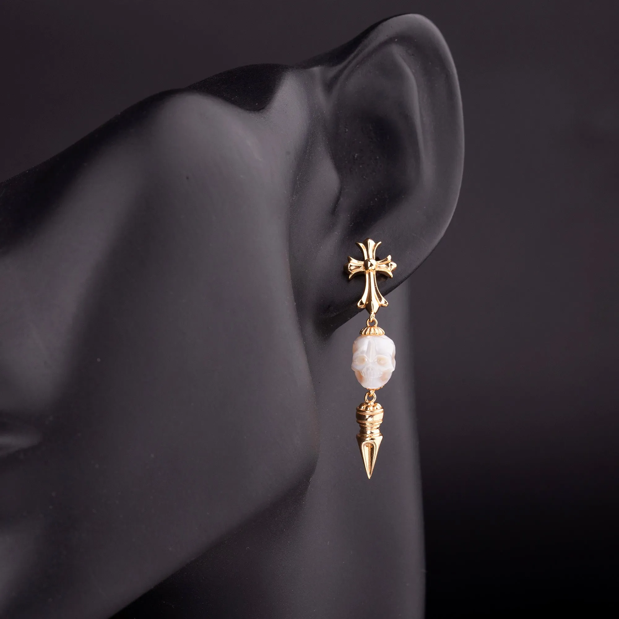 Gothic Elegance Cross & Skull Pearl Stud Earrings sold by Belle Juri product image thumbnail 2