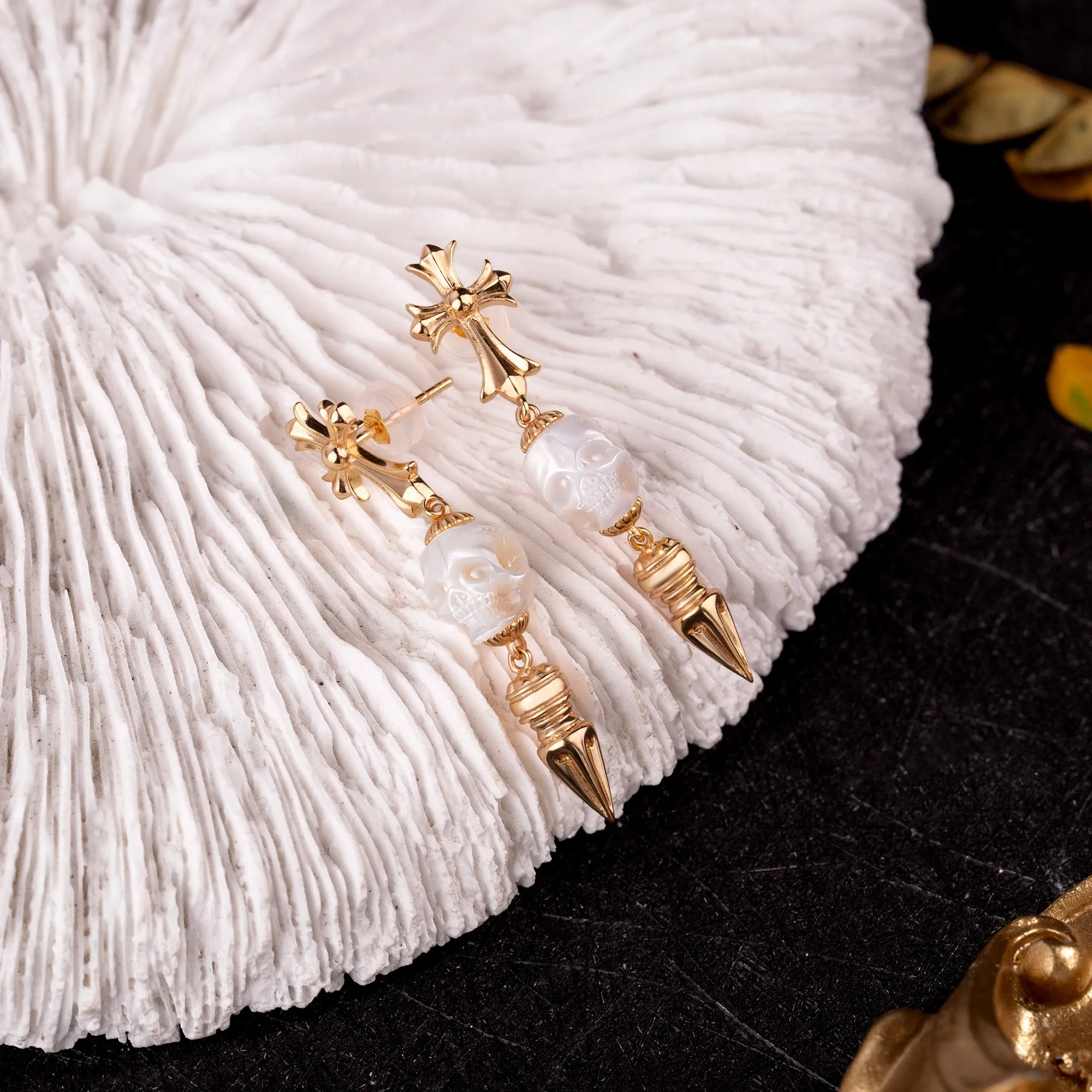 Gothic Elegance Cross & Skull Pearl Stud Earrings sold by Belle Juri product image thumbnail 3