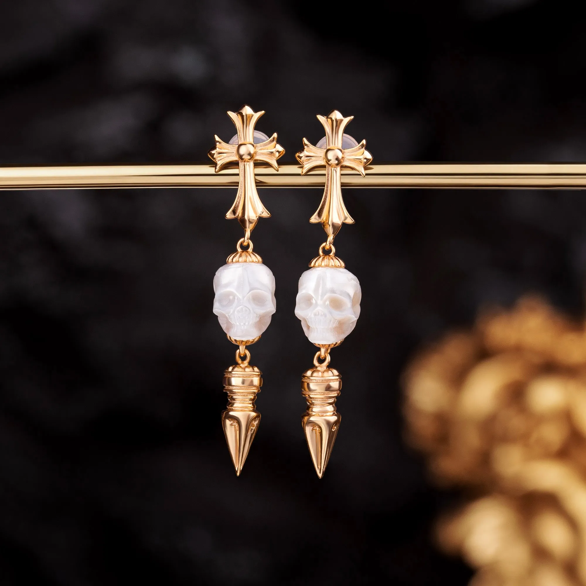 Gothic Elegance Cross & Skull Pearl Stud Earrings sold by Belle Juri