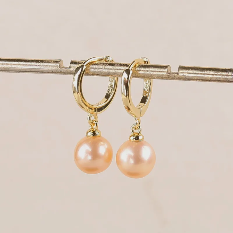 Classic Round Pearl Drop Huggie Hoop Earrings made by Belle Juri