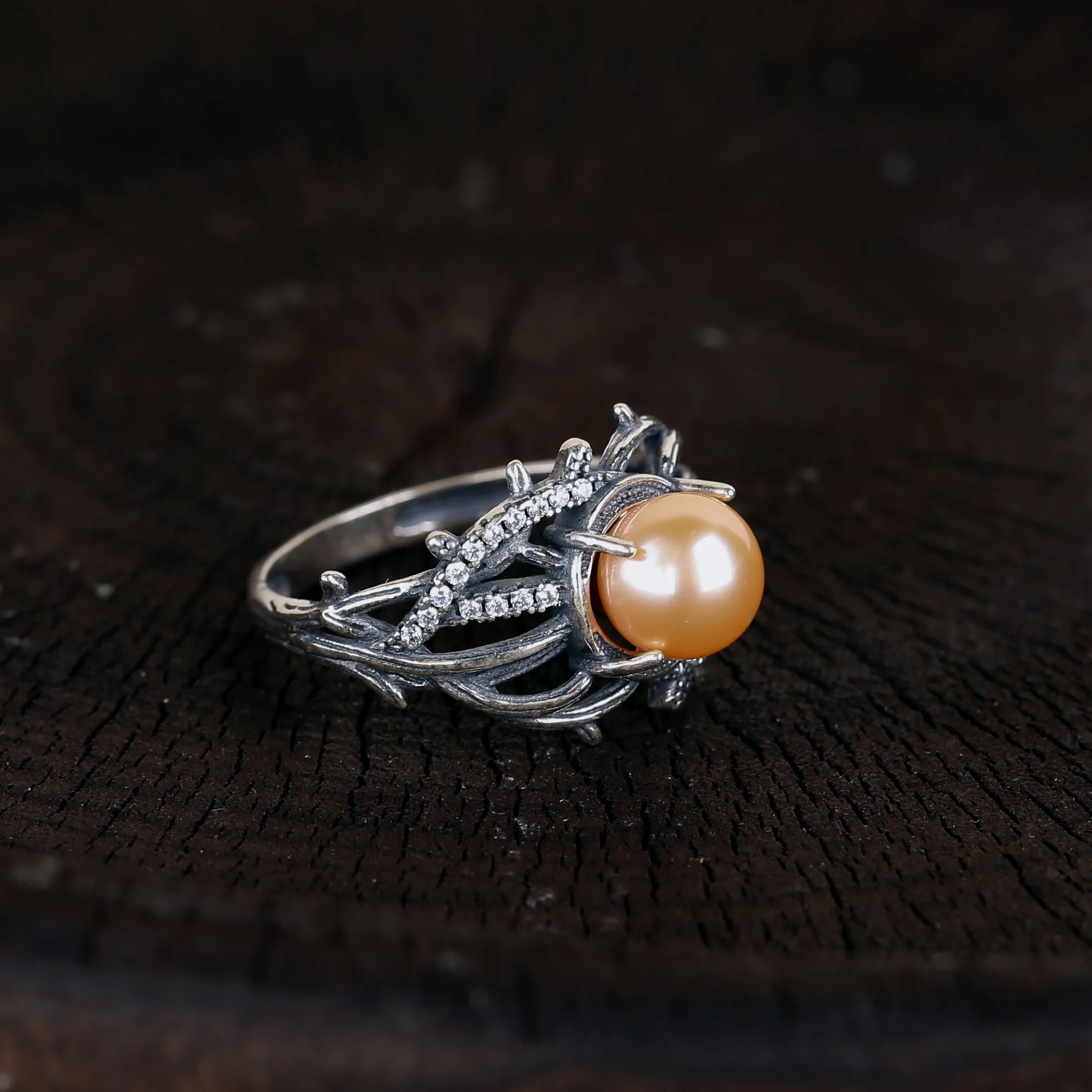 Gothic Vine Branches Twist Inlaid Pearl Ring sold by Belle Juri product image thumbnail 2