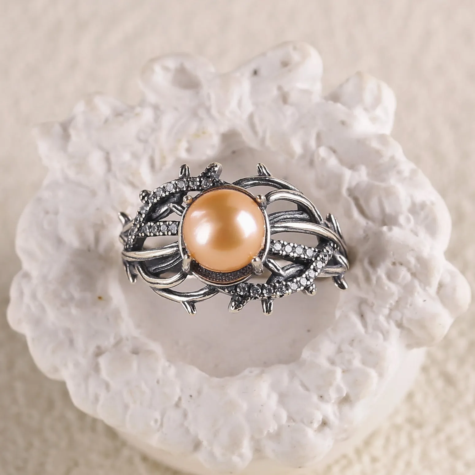 Gothic Vine Branches Twist Inlaid Pearl Ring sold by Belle Juri product image thumbnail 3