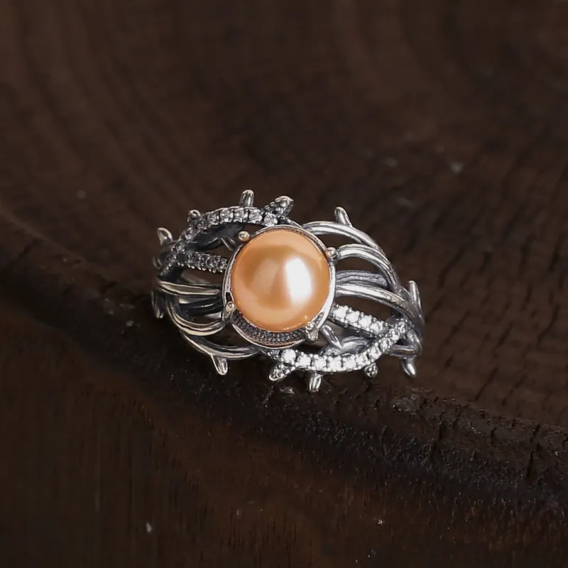 Gothic Vine Branches Twist Inlaid Pearl Ring made by Belle Juri