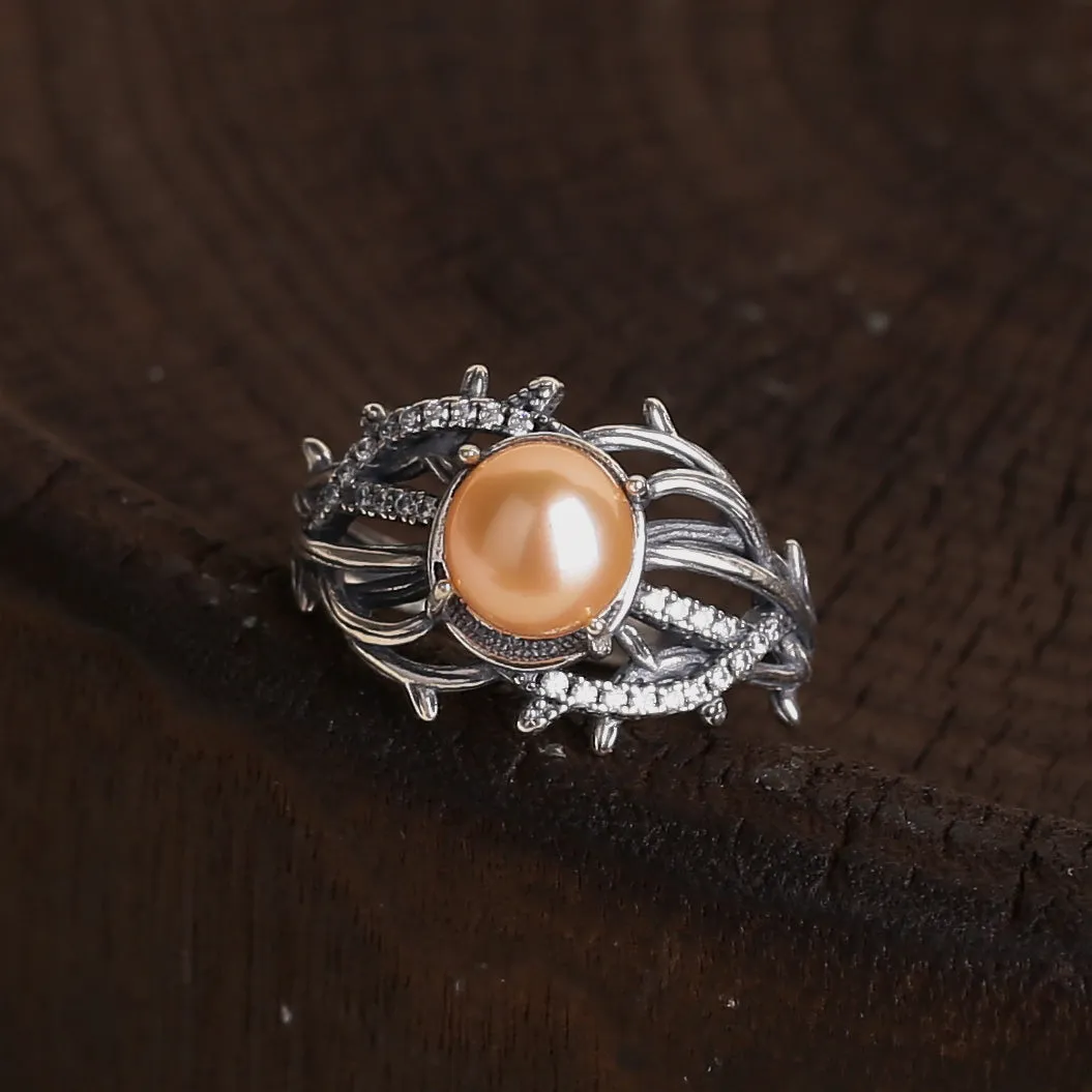 Gothic Vine Branches Twist Inlaid Pearl Ring sold by Belle Juri