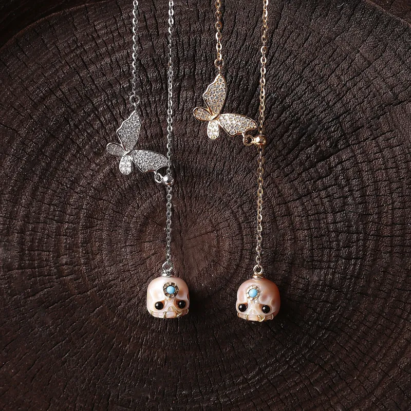 Butterfly Carved Pearl Skull Śmaśana Y-Chain Necklace made by Belle Juri