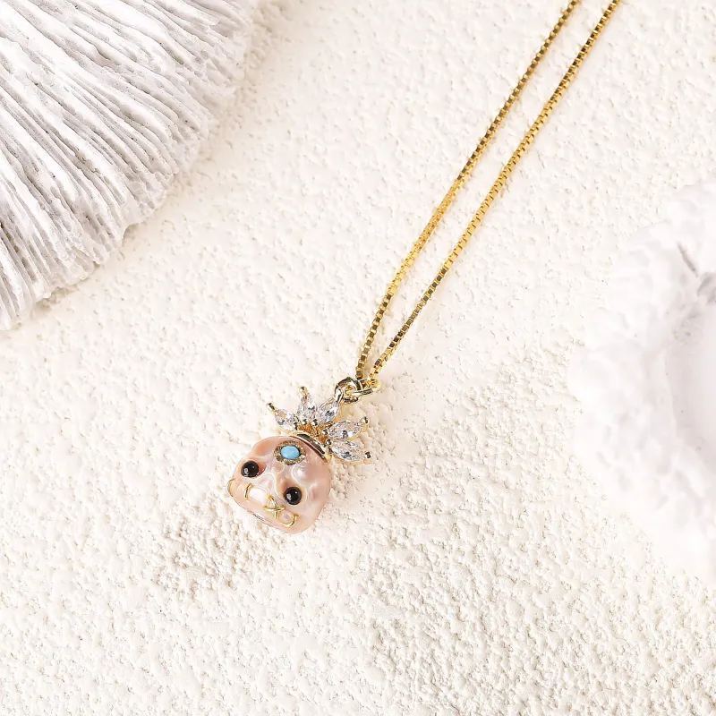 Zircon Crowned Carved Pearl Skull Śmaśana Necklace made by Belle Juri