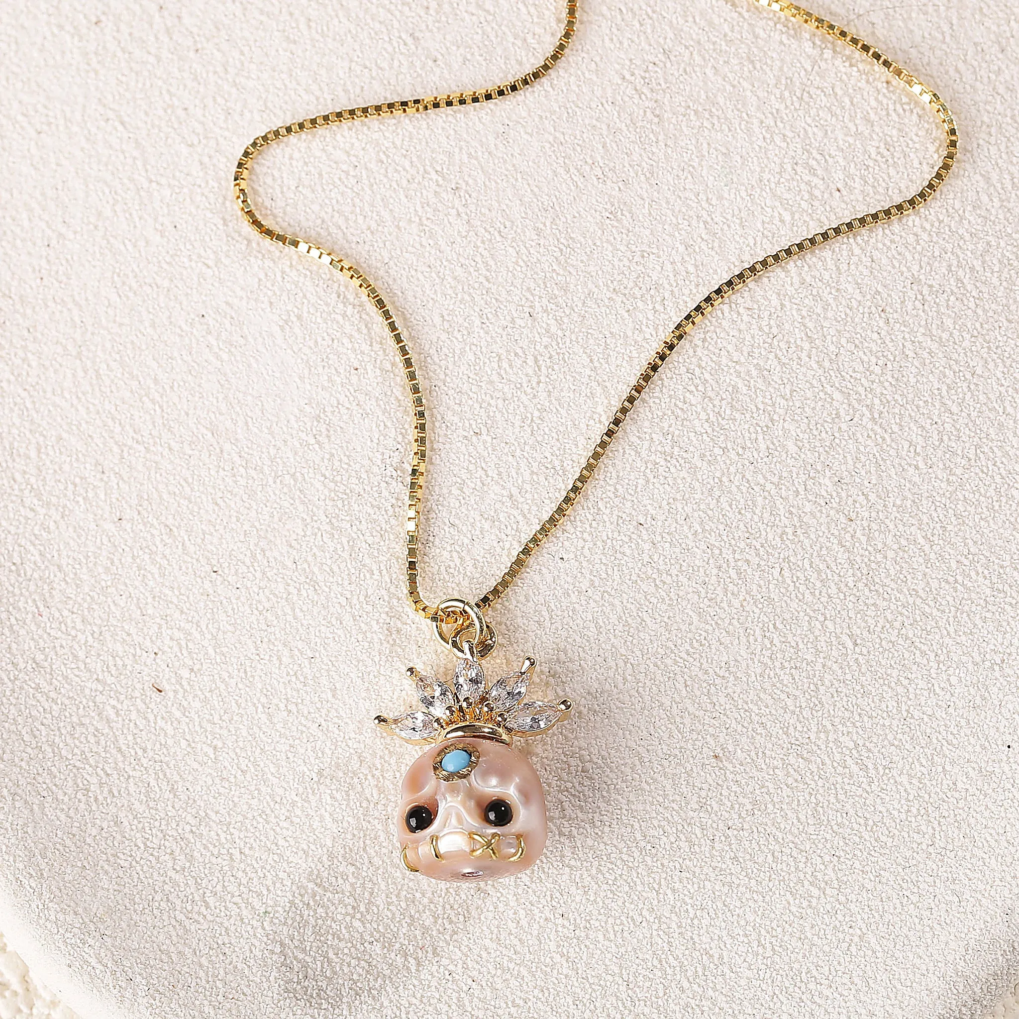 Zircon Crowned Carved Pearl Skull Śmaśana Necklace sold by Belle Juri product image thumbnail 5