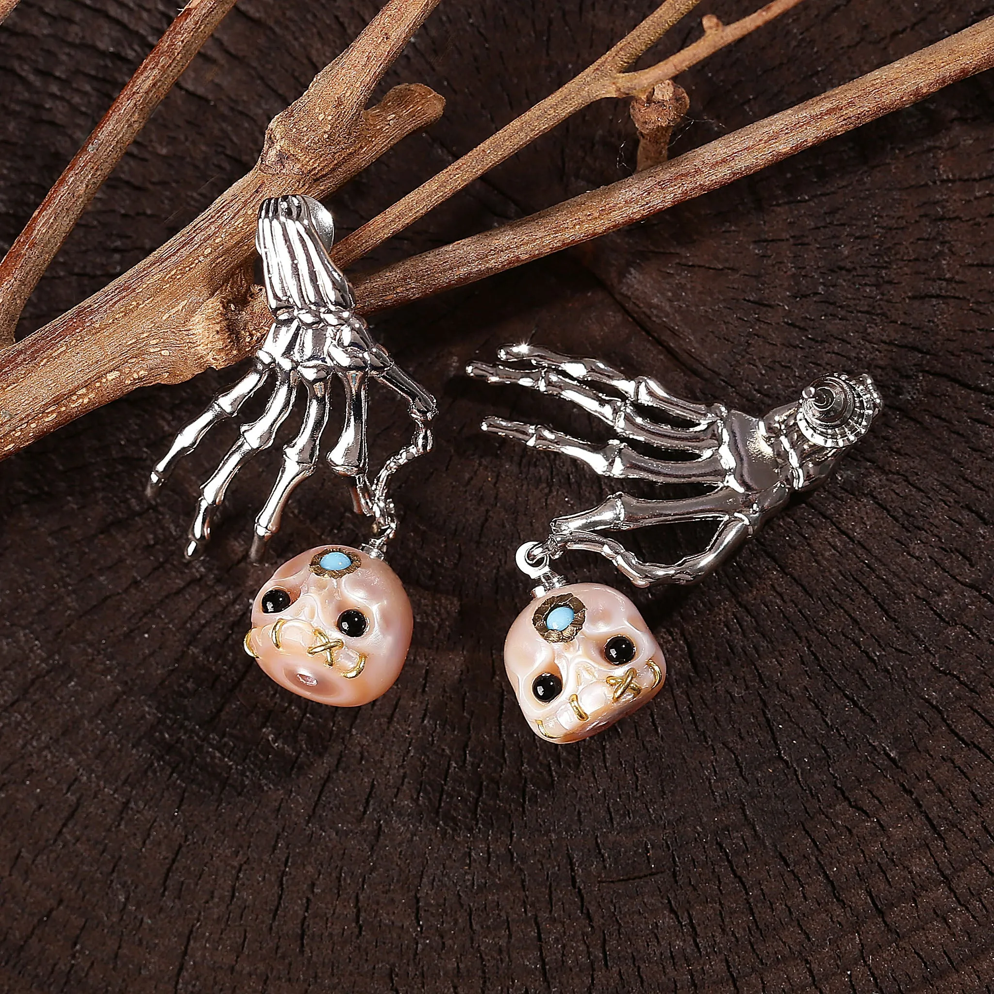 Punk Skeleton Hand Carved Pearl Skull Śmaśana Dangle Earrings sold by Belle Juri product image thumbnail 4
