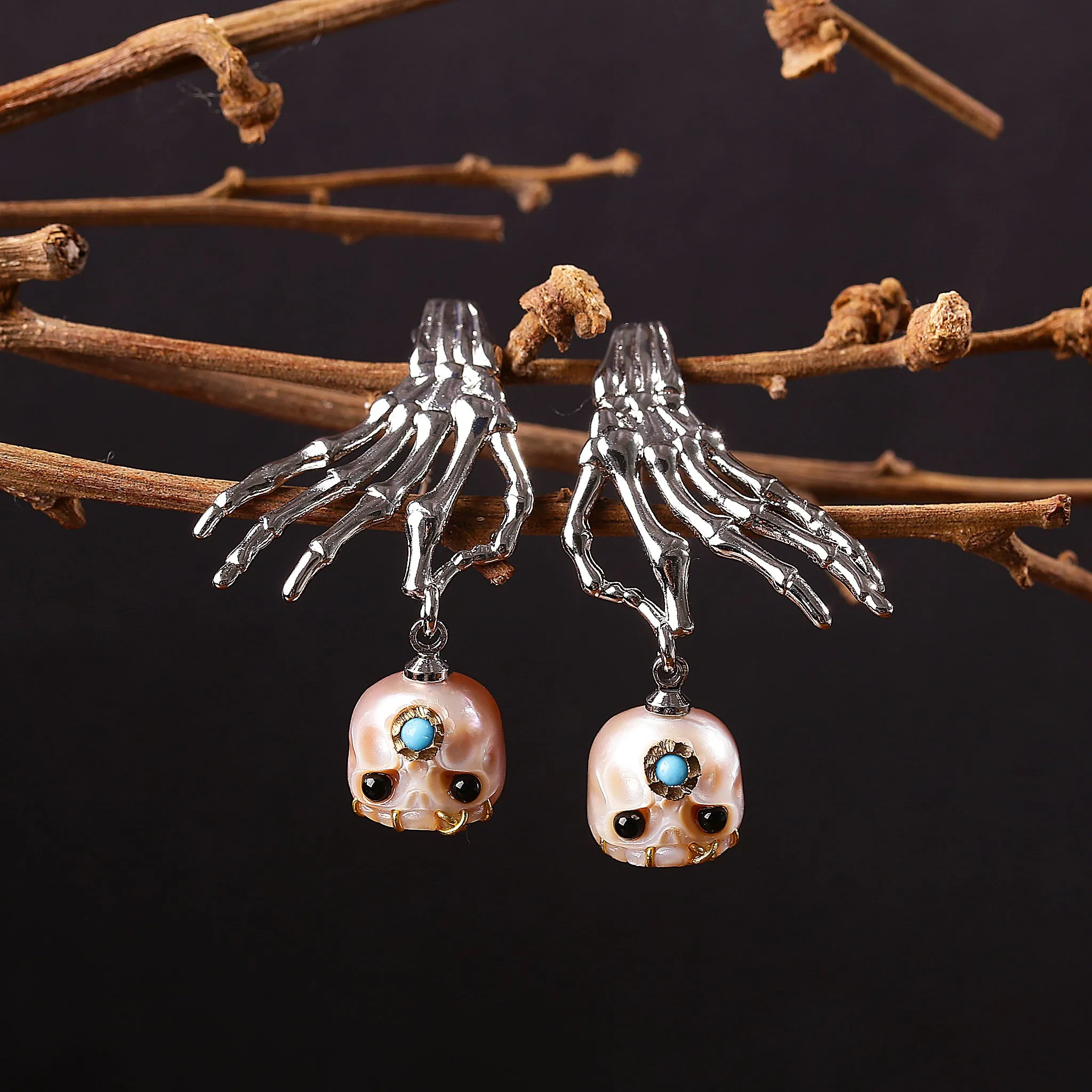 Punk Skeleton Hand Carved Pearl Skull Śmaśana Dangle Earrings sold by Belle Juri product image thumbnail 2