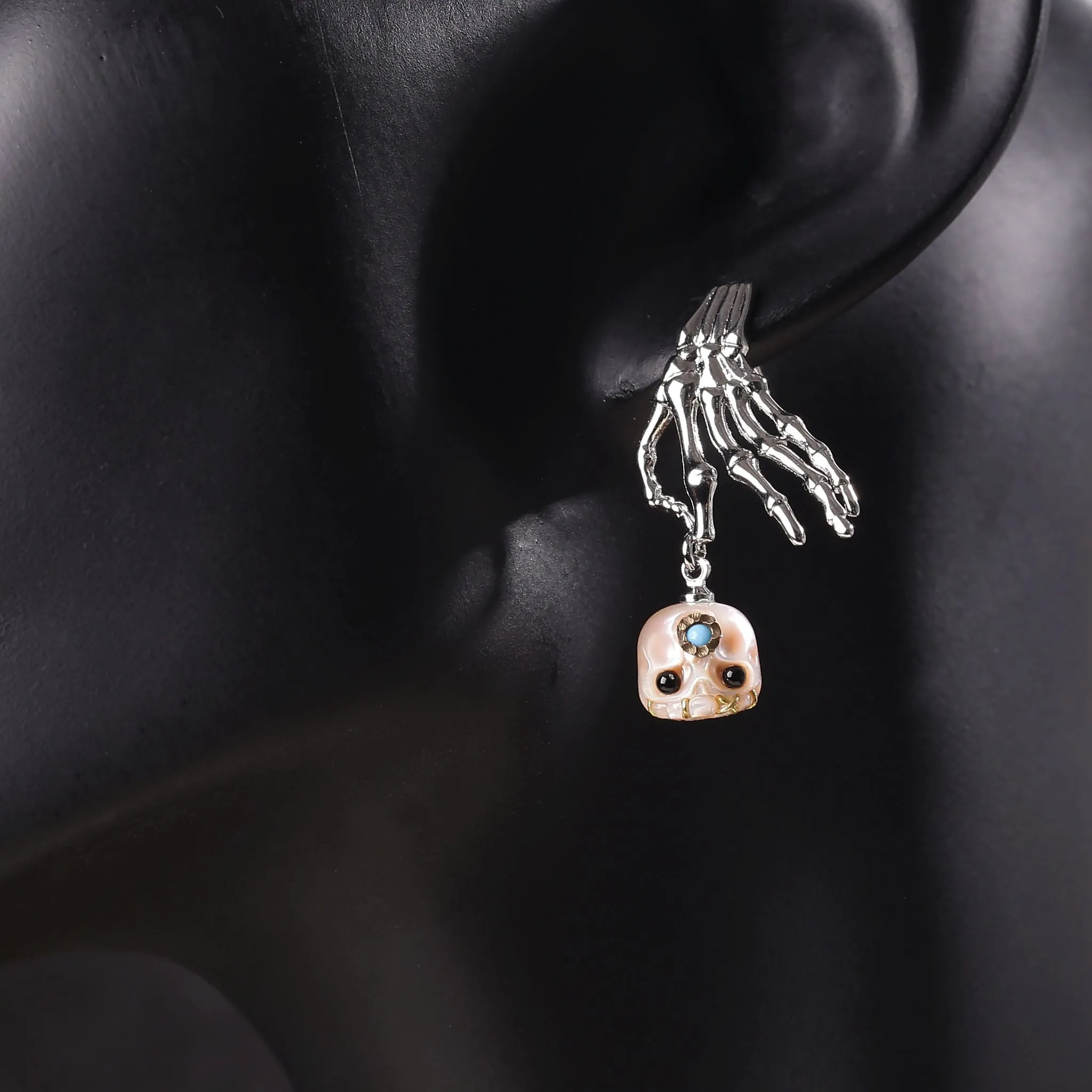 Punk Skeleton Hand Carved Pearl Skull Śmaśana Dangle Earrings sold by Belle Juri product image thumbnail 5