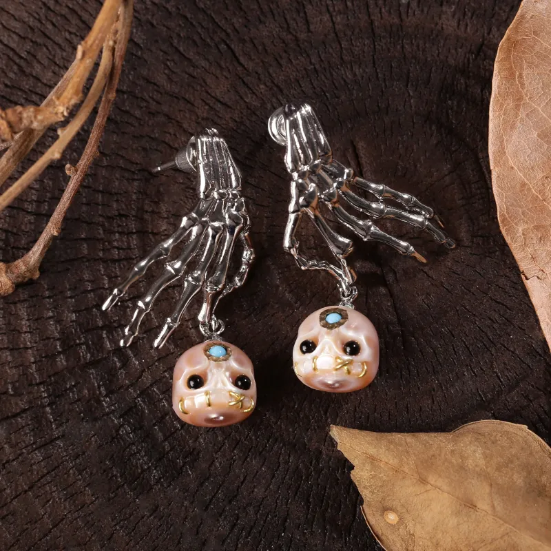 Punk Skeleton Hand Carved Pearl Skull Śmaśana Dangle Earrings made by Belle Juri