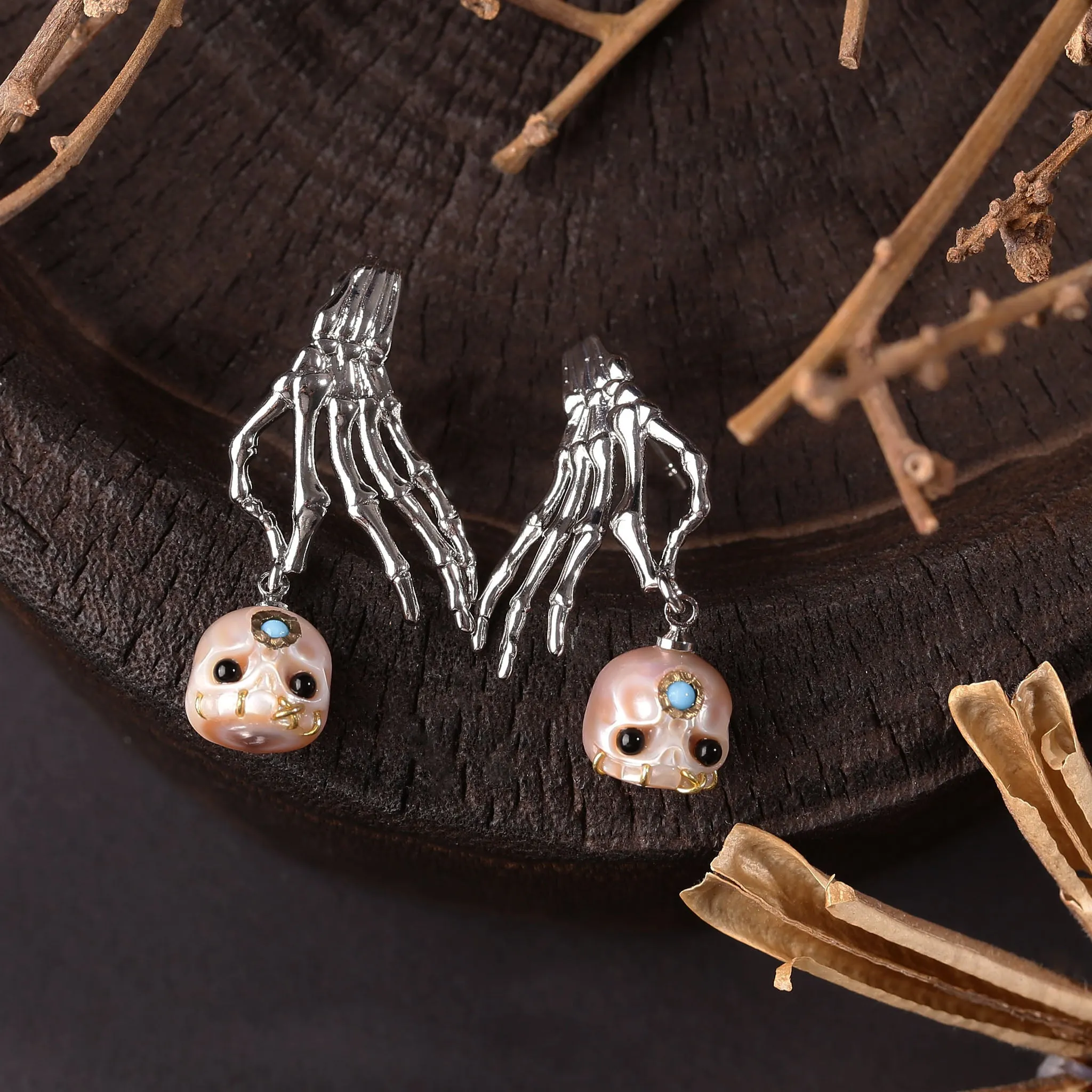 Punk Skeleton Hand Carved Pearl Skull Śmaśana Dangle Earrings sold by Belle Juri product image thumbnail 3
