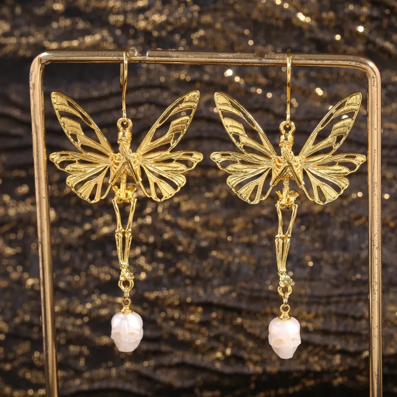 Vintage Punk Butterfly Fairy Skull Pearl Earrings made by Belle Juri