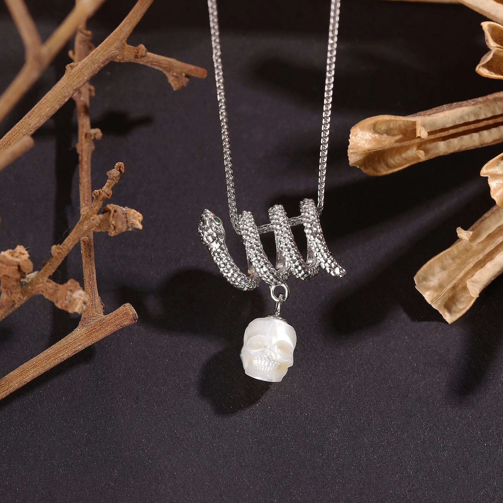 Serpent Coil Skull Pearl Pendant Necklace sold by Belle Juri product image thumbnail 3