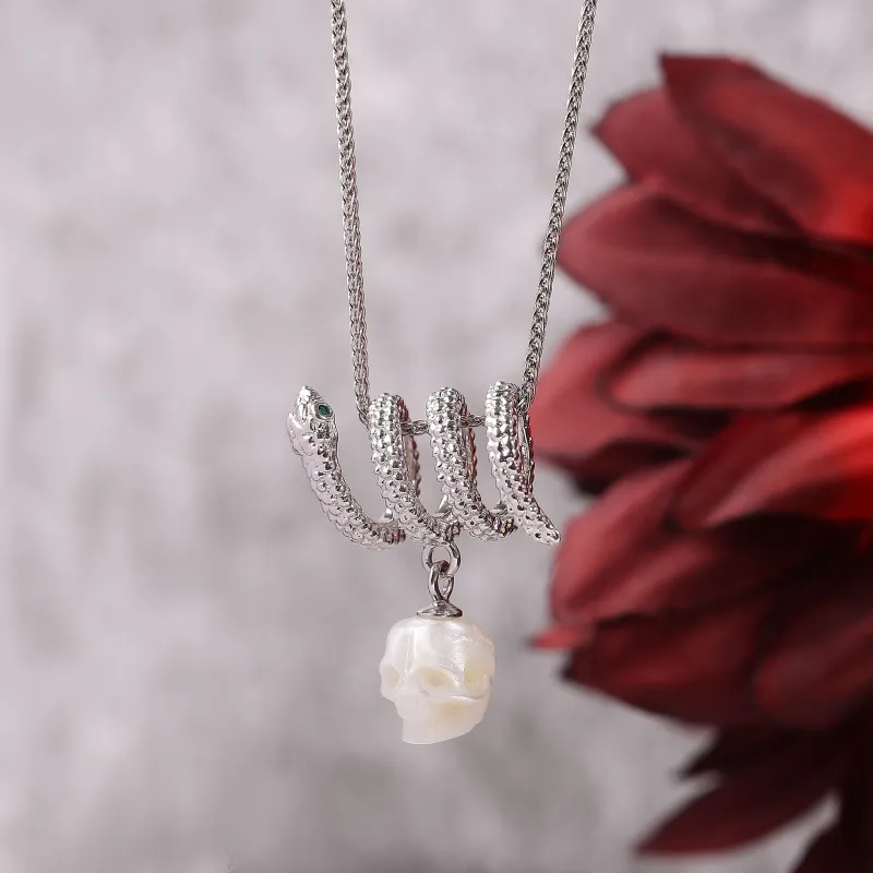 Serpent Coil Skull Pearl Pendant Necklace made by Belle Juri