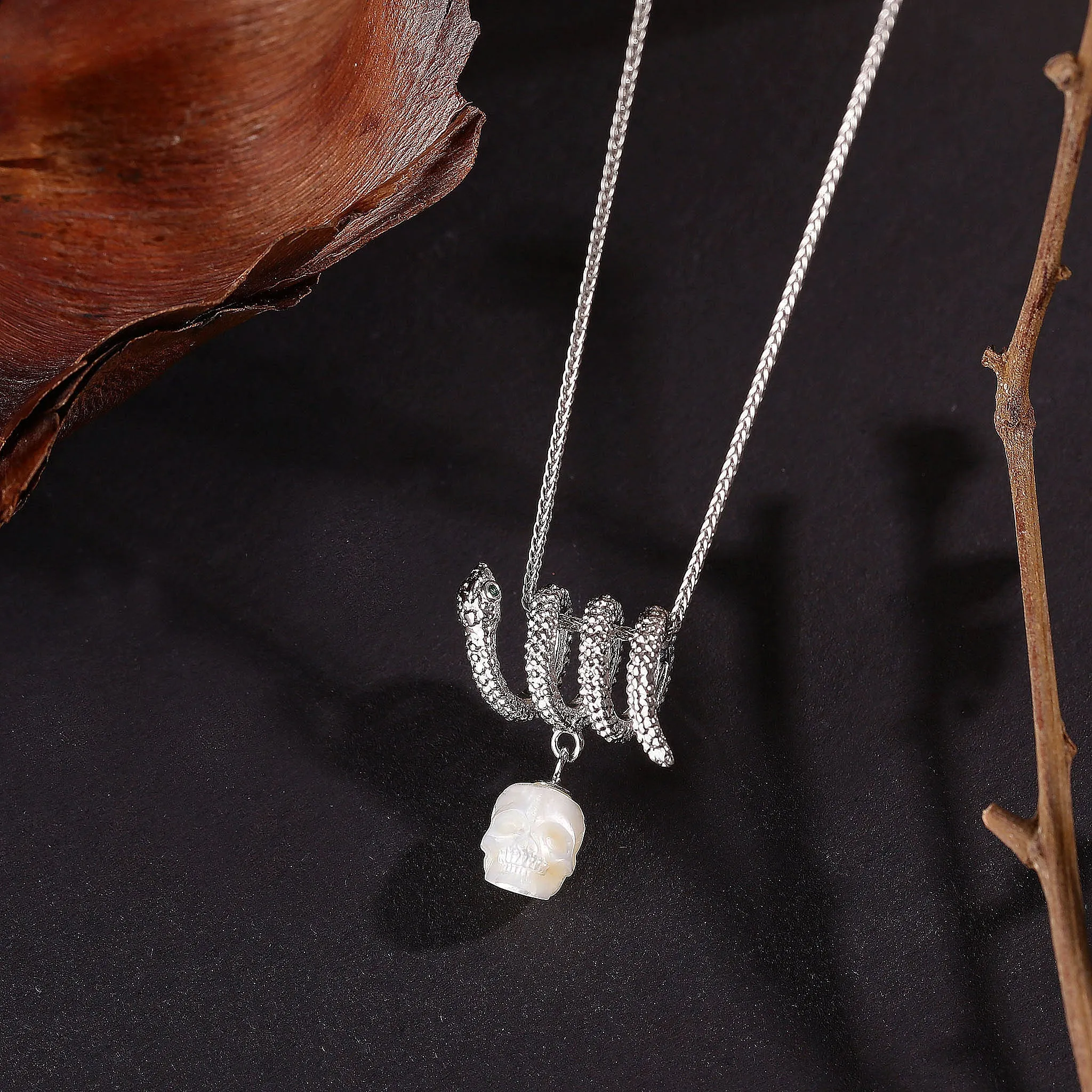 Serpent Coil Skull Pearl Pendant Necklace sold by Belle Juri product image thumbnail 2