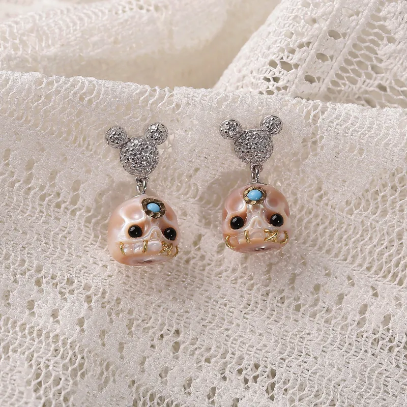 Mickey Ears Carved Pearl Skull Śmaśana CZ Sparkle Stud Earrings made by Belle Juri