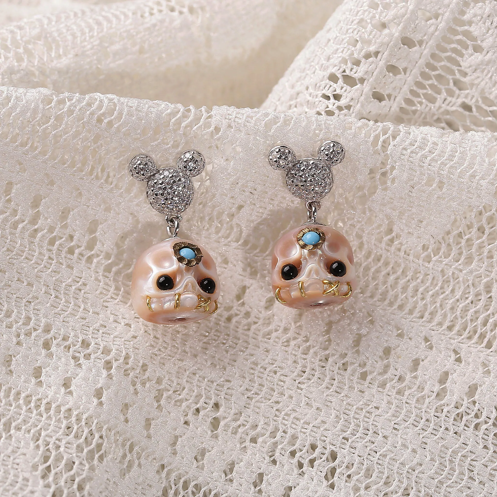 Mickey Ears Carved Pearl Skull Śmaśana CZ Sparkle Stud Earrings sold by Belle Juri