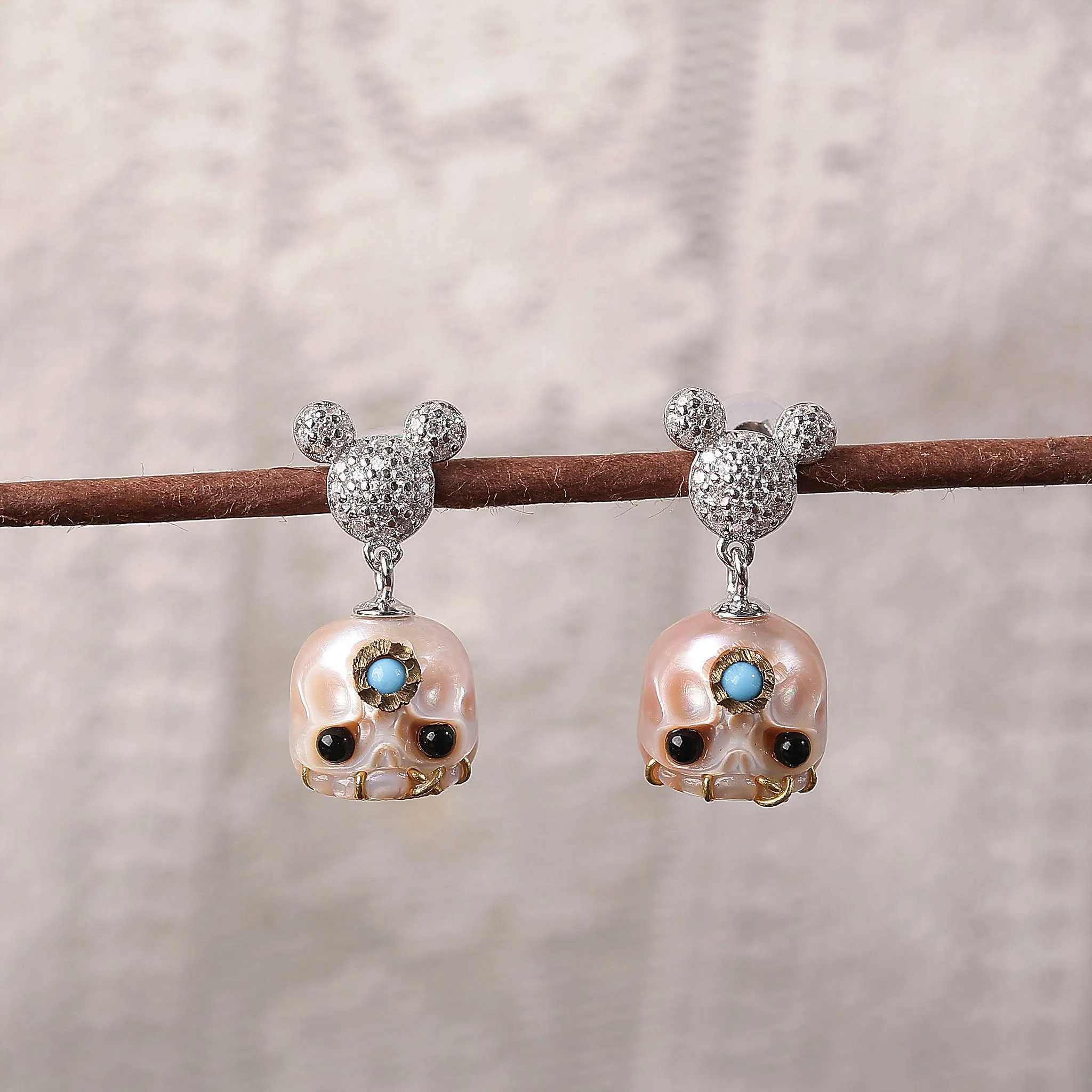 Mickey Ears Carved Pearl Skull Śmaśana CZ Sparkle Stud Earrings sold by Belle Juri product image thumbnail 2
