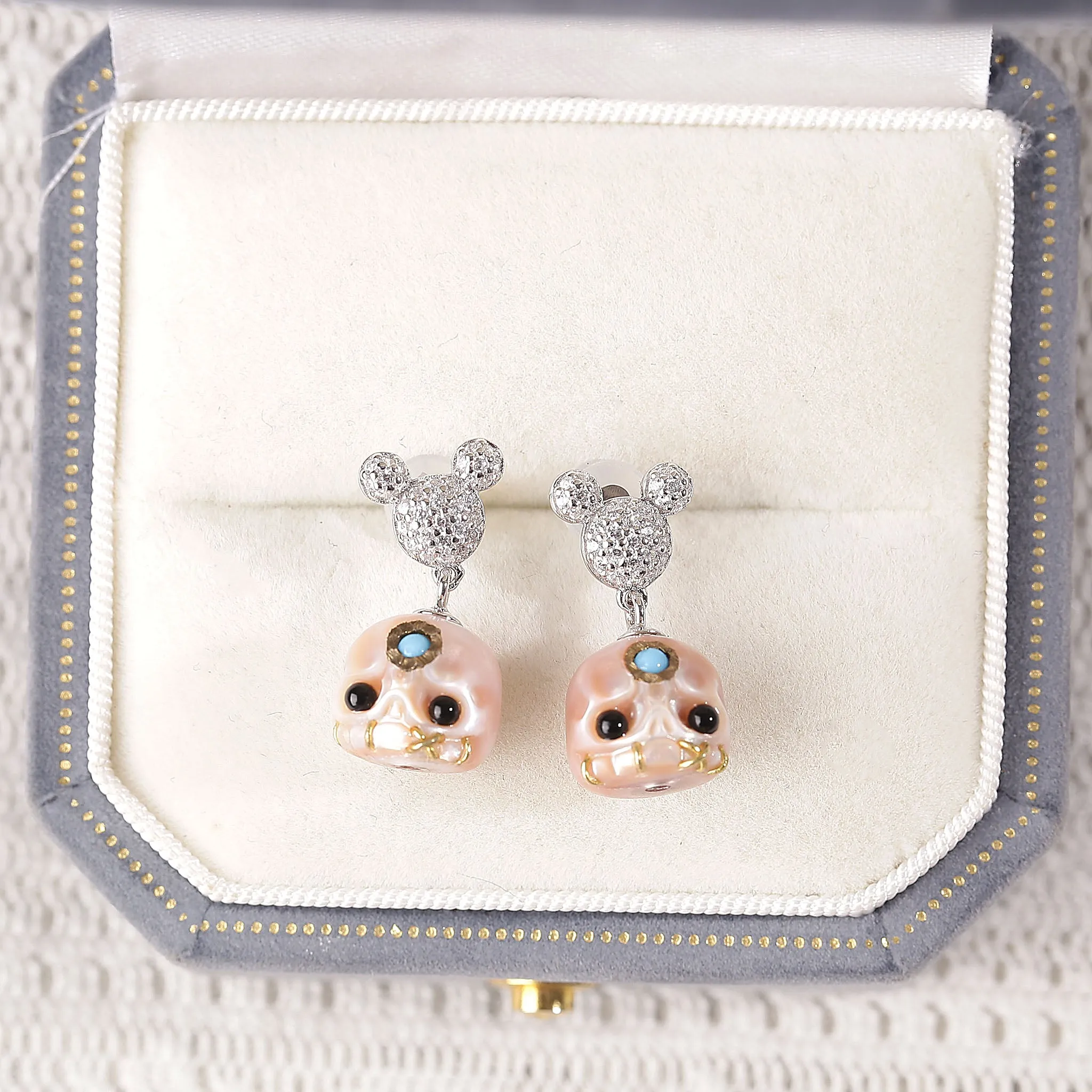 Mickey Ears Carved Pearl Skull Śmaśana CZ Sparkle Stud Earrings sold by Belle Juri product image thumbnail 3