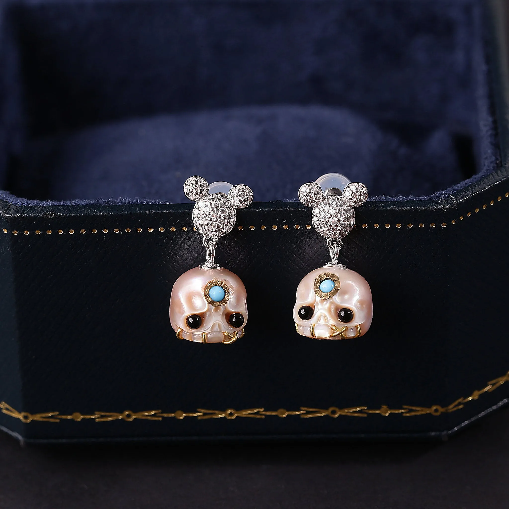 Mickey Ears Carved Pearl Skull Śmaśana CZ Sparkle Stud Earrings sold by Belle Juri product image thumbnail 4