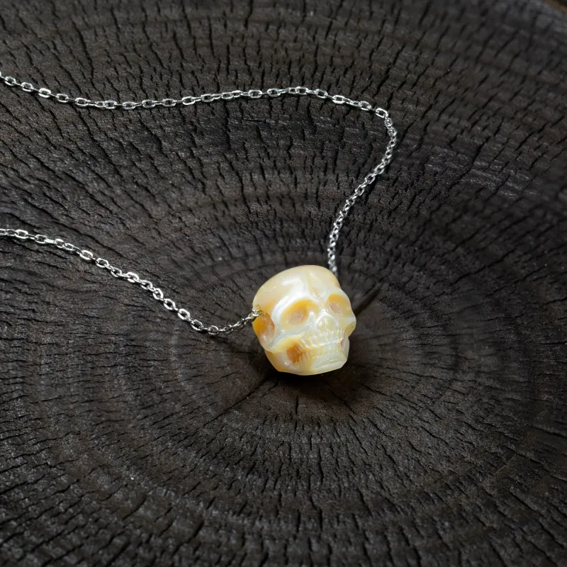Minimalist Pearl Skull Necklace (Light orange) made by Belle Juri