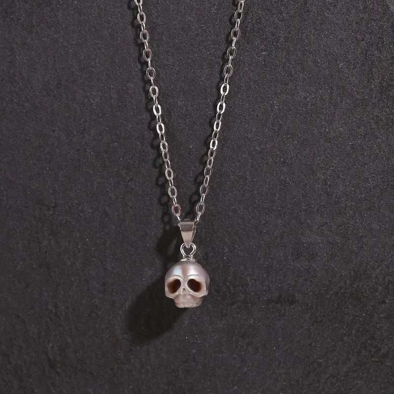 Grey Gothic Cranium Pearl Pendant Necklace made by Belle Juri