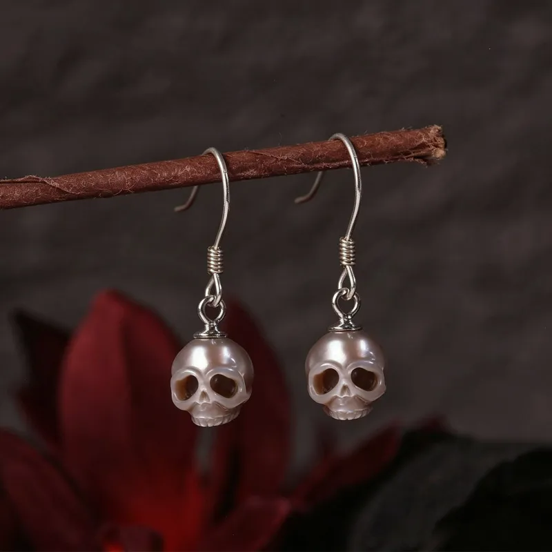 Minimalist Gray Cranium Pearl Dangle Drop Earrings made by Belle Juri