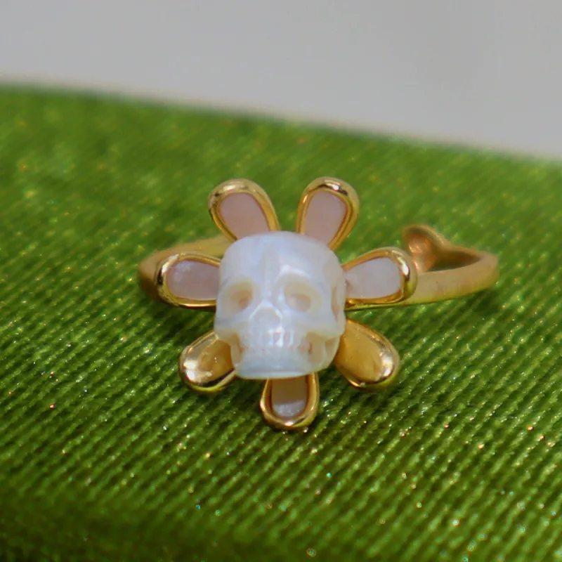 Golden Daisy Pearl Skull Ring sold by Belle Juri