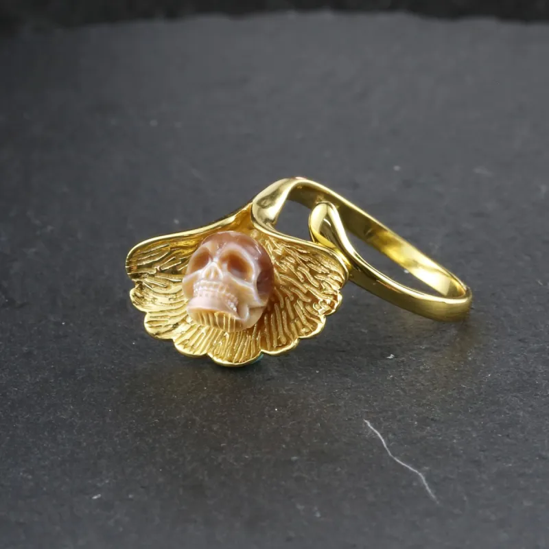 Naturalistic Charm Ginkgo Leaf Pearl Skull Ring sold by Belle Juri
