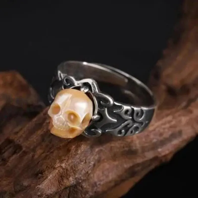 Gothic Wide Band Carved Embossed Pearl Skull Ring sold by Belle Juri product image thumbnail 5