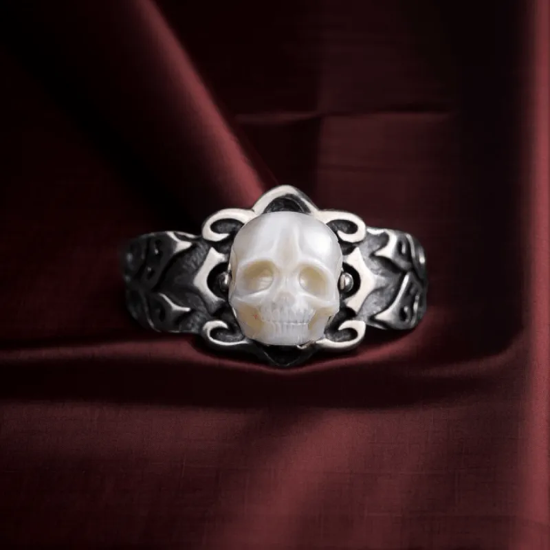 Gothic Wide Band Carved Embossed Pearl Skull Ring sold by Belle Juri