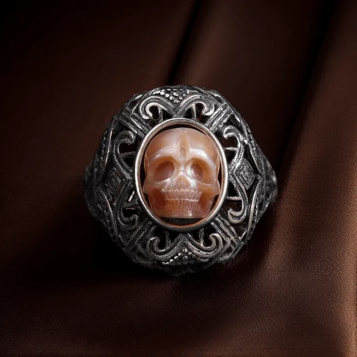 Antique Gothic Carved Pearl Skull Queen Easter Ring sold by Belle Juri