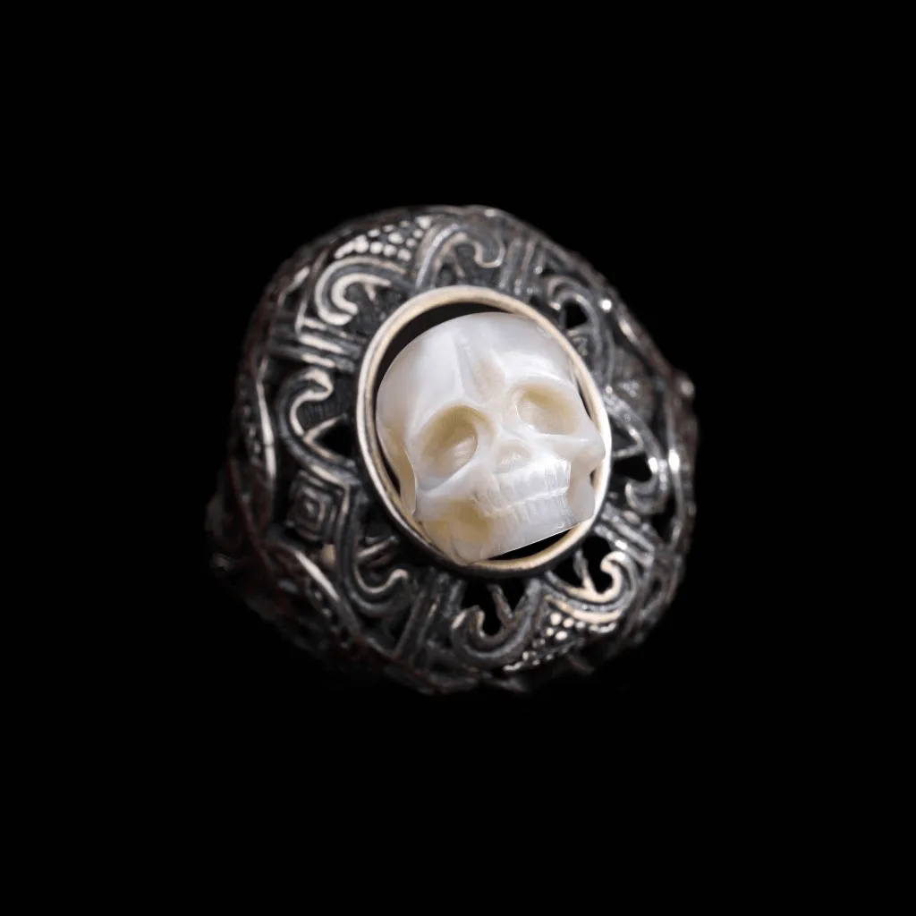 Antique Gothic Carved Pearl Skull Queen Easter Ring sold by Belle Juri product image thumbnail 3