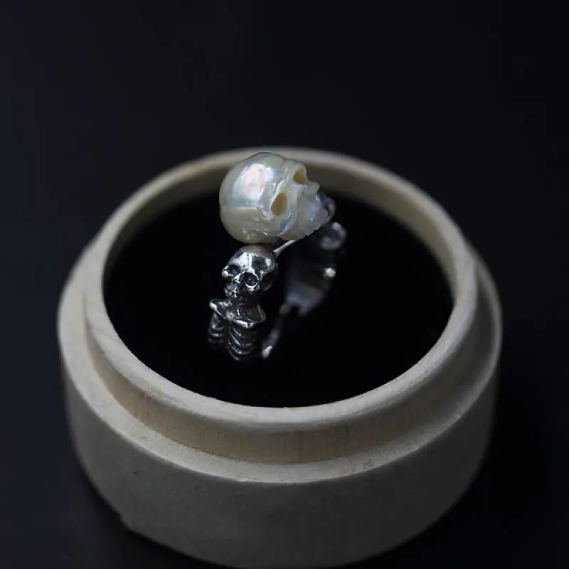Hand Carved Skeleton Pearl Skull Double Body Ring sold by Belle Juri