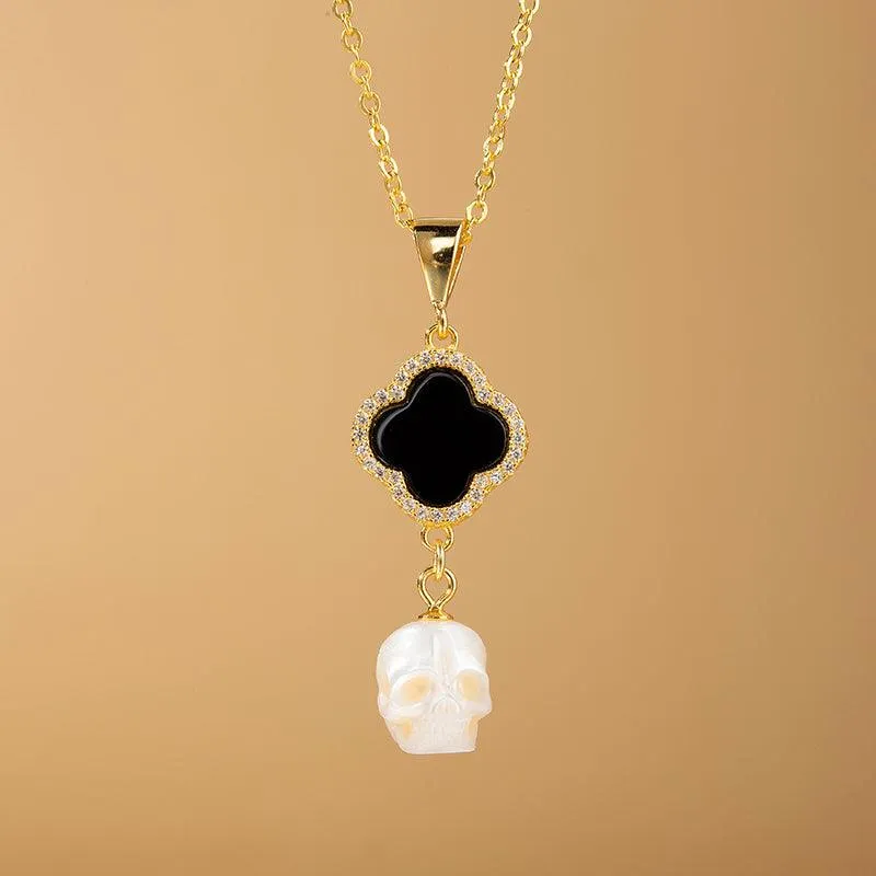 Four-Leaf Clover Pearl Skull Pendant Necklace sold by Belle Juri