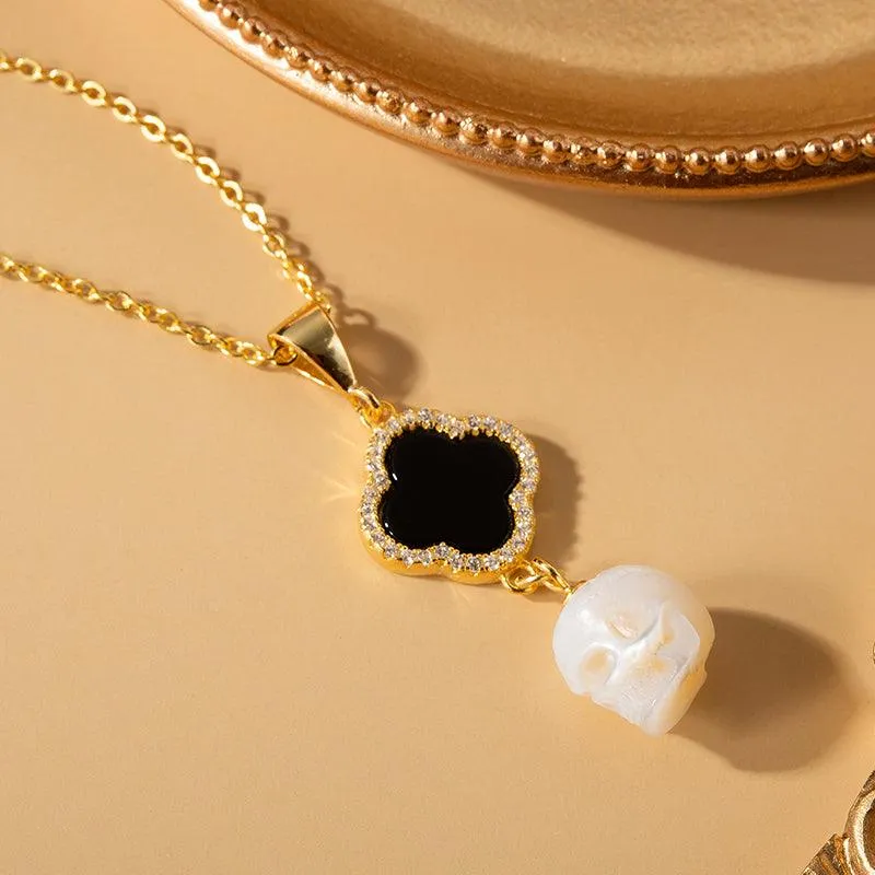 Four-Leaf Clover Pearl Skull Pendant Necklace sold by Belle Juri product image thumbnail 4