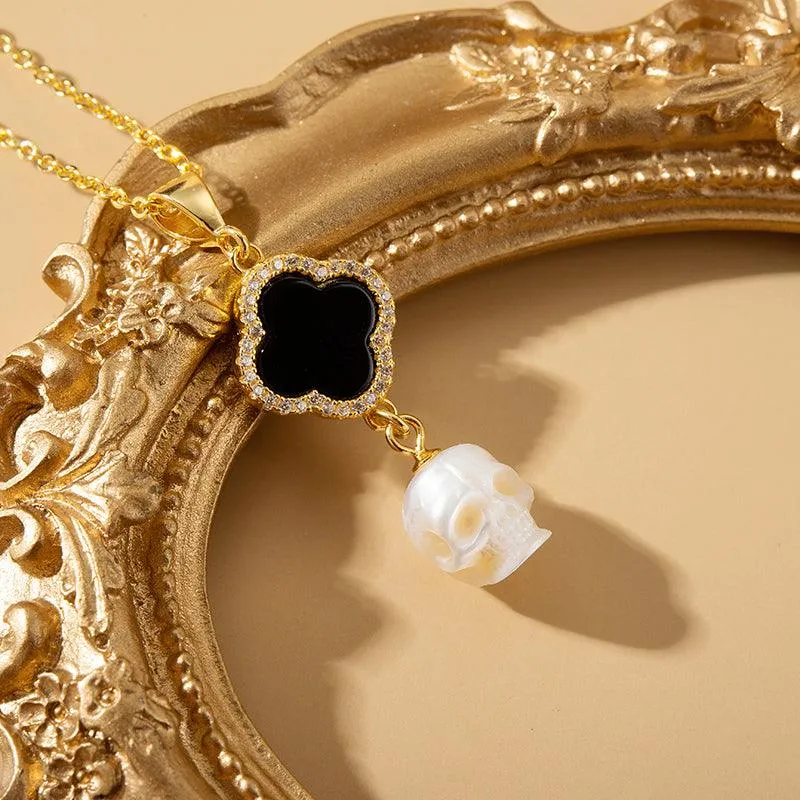 Four-Leaf Clover Pearl Skull Pendant Necklace sold by Belle Juri product image thumbnail 3